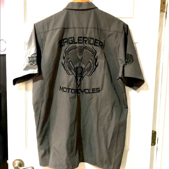 EAGLE RIDER motorcycle clothing men’s buttoned grey decaled shirt size XL NWT - Picture 3 of 14